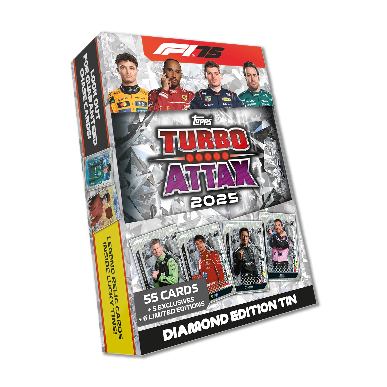 Topps Turbo Attax Formula 1® 2025 - Diamond Edition Mega Tin - contains 66 cards including 6 LE's and 5 exclusive cards.